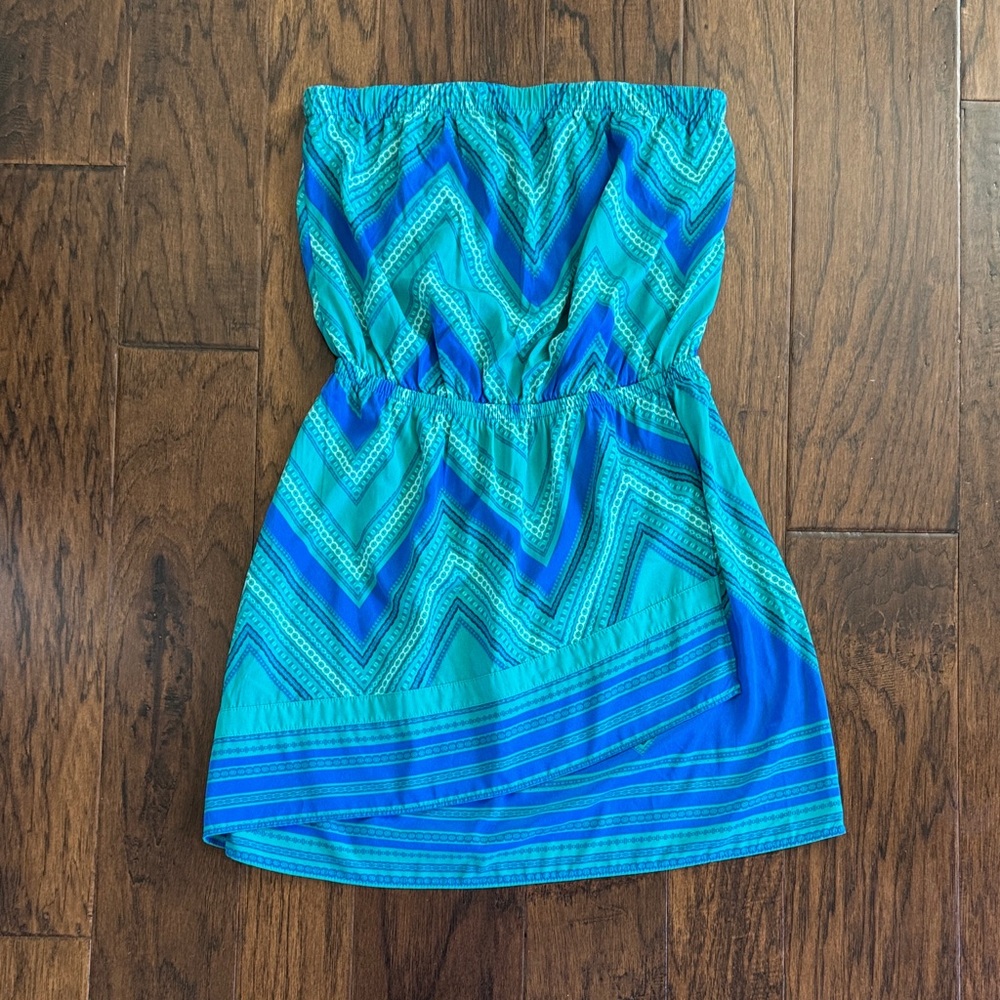 Express Blue and Teal Boho Chic Chevron Strapless Dress